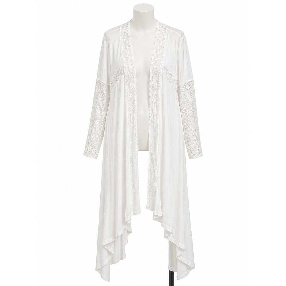POL White Lace Trim Boho Duster Cardigan Open Front - Size S